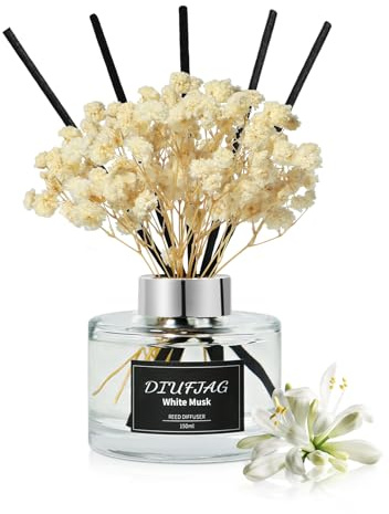 DIUFJAG Almíbar Blanco White Musk - 150ml Difusor de Aroma con 8 Varillas, Fragancia para el Hogar, Aroma de Caña, Ambientador para Dormitorio, Oficina, Baño, Estantería Decoración