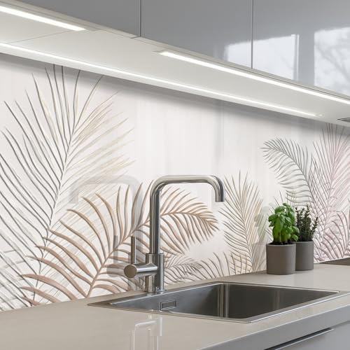 KitchenYeah© Rückwand Küche Rückwandschutz Selbstklebend Spritzschutz | 80x300 cm - Küchenrückwand Küchenfront Küchen Selbstklebende Küchenrückwände Blätter - Beige - Botanisch - Vintage