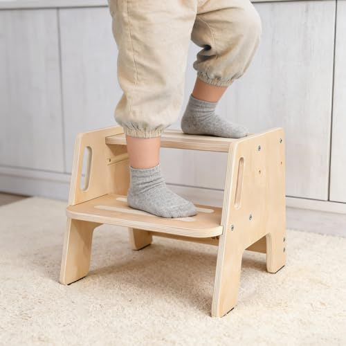 Tritthocker Kinder Holz 2 Stufen, Anti-Rutsch Tritthocker Holz mit 200lbs Tragkraft, Kinderhocker mit Griff, Kinder Fußbank ab 3 Jahren für Bad, Waschbecken, Küche, Kinderzimmer, Schlafzimmer