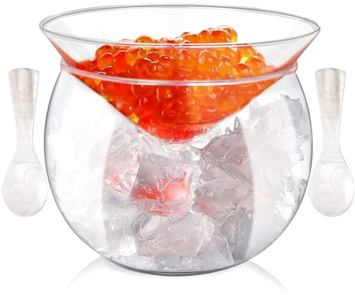 HFZCV Glas Kaviar Kühler Servierset mit 2 Perlmuttlöffeln – Doppelwandiger Kaviar Chiller aus Glas für Eis, Cocktails, Martini, Wein & Feinkost Servieren