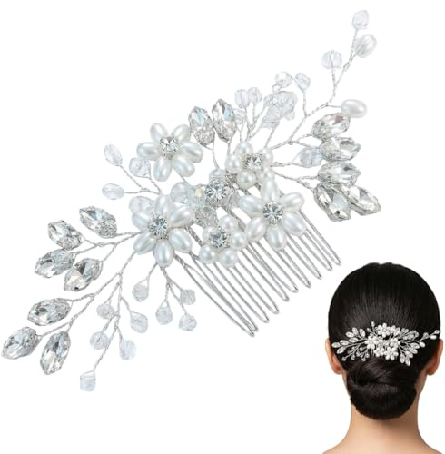 CATZUM Haarschmuck Hochzeit, Handgefertigt Eleganter Braut Haarkamm/Kopfschmuck/Haarclip mit Blumen, Perlen und Kristall für Damen und Frauen (Silber)