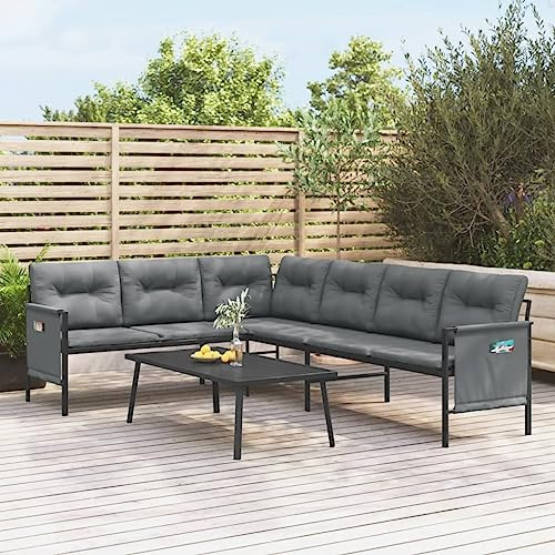 Owoxanthellate Anthrazit Ecksofa 230x168x65 cm, Stahl-Textilene Lounge-Set mit 10 Kissen+Seitentaschen
