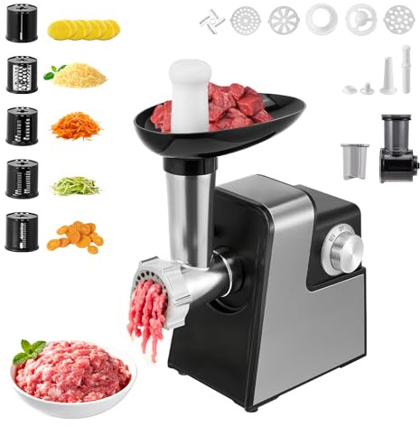 Elektrischer Fleischwolf 2800W, Multizerkleinerer mit Gemüseschneider und Käsereibe, Mandoline mit 5 Aufsätzen, Wurstfüller und Fleischballen-Set, Küchenmaschine zum Hacken Schneiden Reiben