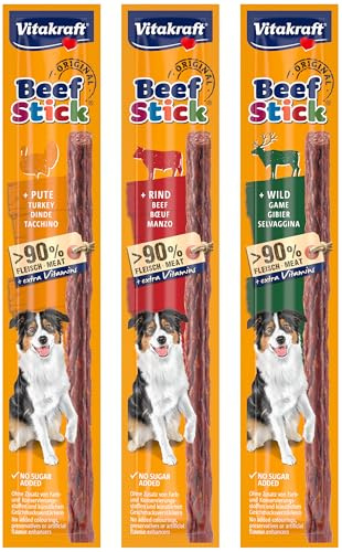 Bundle aus Vitakraft Beef Sticks, Hundeleckerli, mit Wild, mit Pute, mit Rind, ohne Zusatz von Zucker (15x 12g)