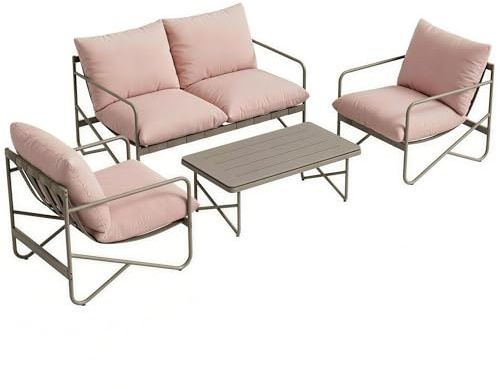 Outsunny Set Salotto da Giardino 4 Pezzi, Set di Mobili da Giardino in Metallo con Divano 2 Posti, 2 Poltrone, Tavolino con Piano Metallo, Cuscini Spessi, Salottino da Esterno per Patio Balcone, Rosa