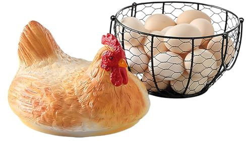 Portauova - Cestino rustico in metallo, contenitore per uova con coperchio per gallina, organizzatore per fattoria | Display funzionale per la raccolta di Pasqua da tavolo per snack di frutta, support