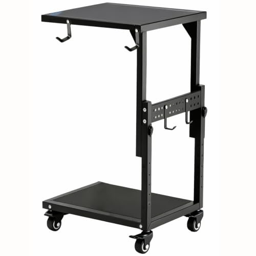 Supporto per PC regolabile in altezza con 4 rotelle bloccabili, supporto a 2 ripiani per tower, carrello porta-CPU per scrivania da gaming,computer, carrello per PC con pannello forato e 4 ganci