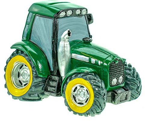 Kremers Schatzkiste Spardose Traktor Grün Handbemaltes Sparschwein 16 cm Deko - Figur Bauernhof Geschenk für Kinder & Erwachsene - Geldgeschenk Landwirtschaft Comic Style
