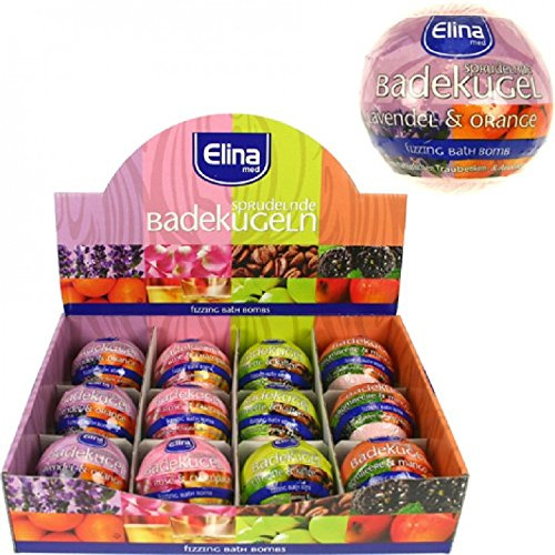 Elina Badekugel Wellness 12 x 100g 4-fach sortiert im Display mit den Aromen Lavendel & Orange, Brombeere & Mango, Grüner Tee & Zitronengras, Rose & Champagner