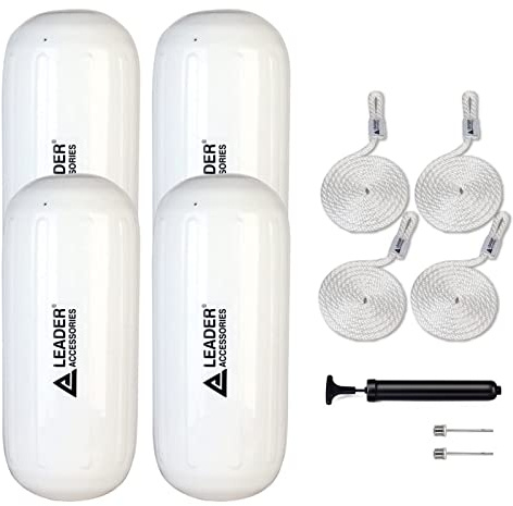 Leader Accessories Hole Through Middle Ribbed Inflatable White 8''x20'' Boat Fender Pack of 4 Includes 3/8'' Fender Lines Pack od 4 and Pump to Inflate