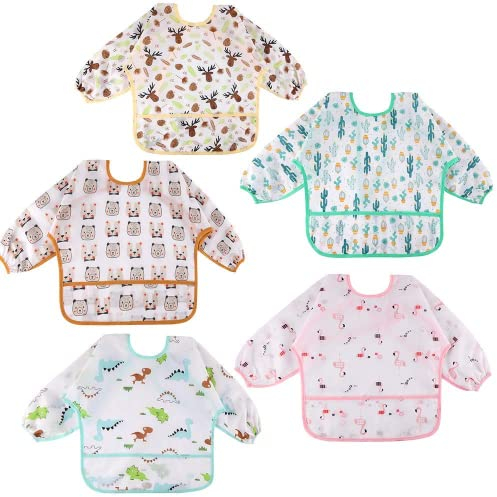 Lictin Wasserdicht Lätzchen 5 Set Lätzchen Babylätzchen mit Ärmeln Wasserdicht Baby Lätzchen Bibs Set für 2-5 Jahre