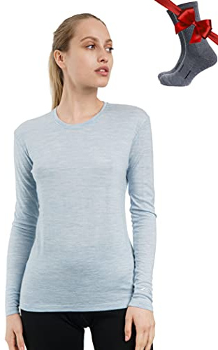 Merino.tech Merino-ull baslager kvinnor – 100 % merinoull tungvikt, medelvikt, lätt långärmad termisk skjorta och strumpor, 165 Arctic, S
