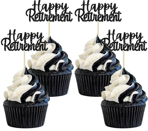 Gyufise Black Glitter Happy Retirement Cupcake Toppers Retired Cake Decorations for Retirement Party Cake Decorations 36 Pack