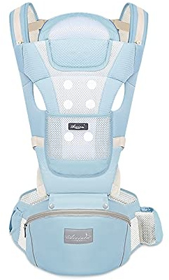 SONARIN Babytrage Atmungsaktiv mit Hüftsitz für Neugeborene und Kleinkinder von 0-36 Monate,Reiner Baumwolle 3D Air Mesh Babytrage Ergonomische,Multiposition,Bis zu 30 kg(Blau)
