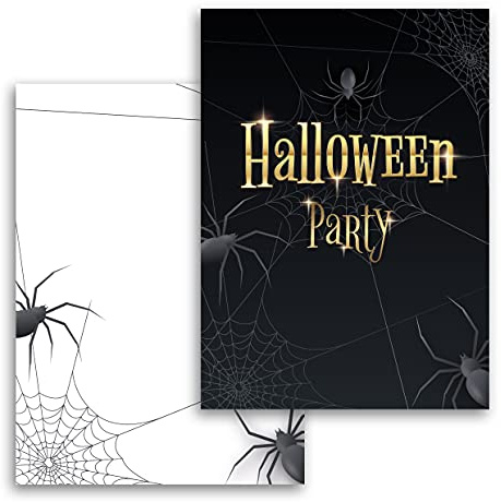 E&G Klasse 10 Halloween Karten Einladungskarten Einladung Jungen Mädchen Geburtstag Party Erwachsene Motiv Halloweenparty Grusel-Party Horror-Party Set gruselig Spinne Elegant Schwarz Gold