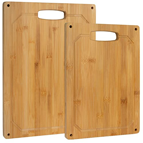 2er Set Bambus Schneidebrett Holz 2 Größen 23x33cm + 30x40cm / mit Silikonstopper, Saftrille und Griff