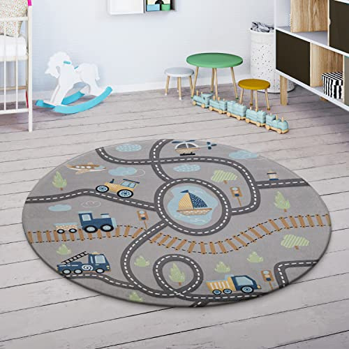 Paco Home Spielmatte Teppich Kinderzimmer Kinderteppich Junge Mädchen Straßenteppich Spielteppich rutschfest Auto Grau Grün Blau, Grösse:150 cm Rund