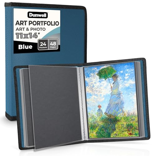 Dunwell Kunst-Portfolio-Ordner mit Montagepapier (blau), große Portfolio-Mappe zur Aufbewahrung von Kunstwerken, 24 Hüllen, 48 Seiten, säurefreies Poly-Präsentationsbuch, 28 x 35 cm