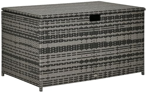 Outsunny 113 Gallon Deck Box, Rattan Outdoor Storage Box, Waterproof Storage Container for Indoor, Patio Furniture Cushions, Pool Supplies, Garden Tools, Dark Gray
