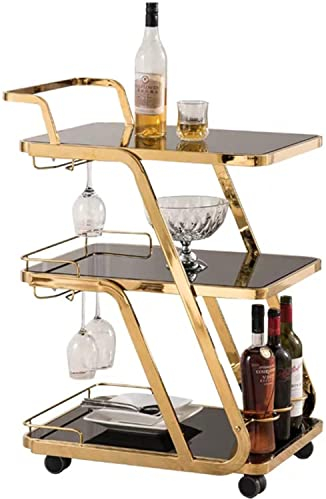 BICIBO Getränkewagen auf Rädern,Servierwagen,Barwagen,3-stöckiger mobiler Bar-Servierwagen für Esszimmer,mit Weinflaschenregalen,Schieber,Schönheitssalonwagen,60 x 45 x 91 cm,Gold