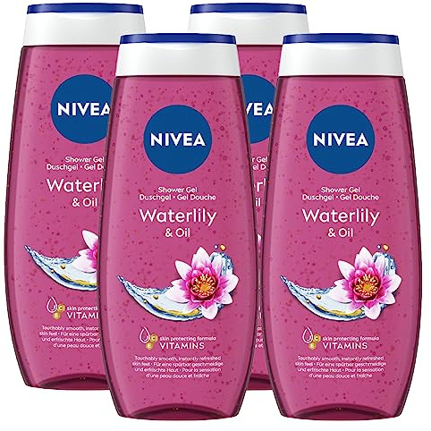 Nivea Duschgel Waterlily & Ölreiniger Körper erfrischender Duft von Seerose, feuchtigkeitsspendende und pflegende Formel mit Ölperlen und Vitamine C und E – 4 Flaschen à 250 ml