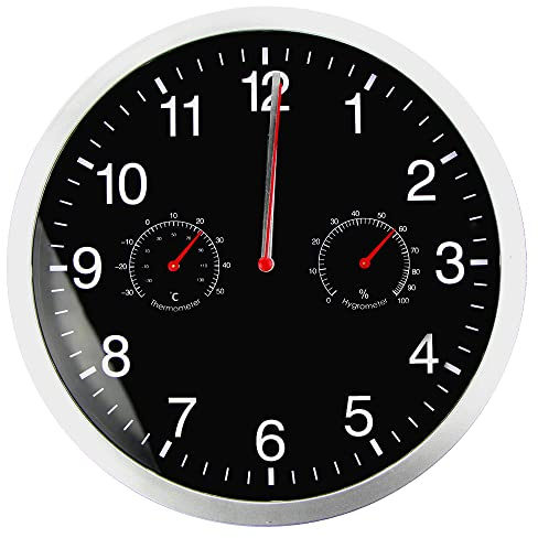 Timelike Wanduhr Geräuschlosem Uhrwerk mit Temperaturanzeige und Luftfeuchtigkeit Moderne Ohne Tickgeräusche Lautlos Edelstahlrahmen Uhr für Küche Wohnzimmer Badezimmer Schlafzimmer (Silber+Schwarz)