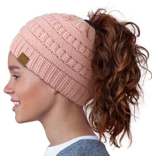 Hat Hut Damen Satin gefütterte Beanie-Mütze, mit Seide gefüttert, Wintermütze für lockiges Haar, Pferdeschwanz Ponytail Beanie, Strickmütze (DE/NL/SE/PL, Alphanumerisch, Einheitsgröße, Rosa)