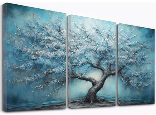 JOSUE 3 pezzi Albero della vita Quadri Grandi Dimensioni Su Tela, Albero Fortunato Blu grigio Quadri per soggiorni camere da letto bagni decorazioni murali -30x45cm Incorniciato