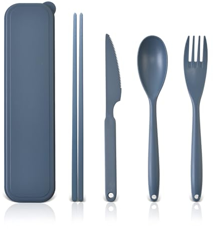 Large Reusable Travel Cutlery Set with Case, Plastic Cutlery for Adults Lunch Accessories, Portable Camping Travel Utensil with Chopsticks for Daily Use(Dark Blue)