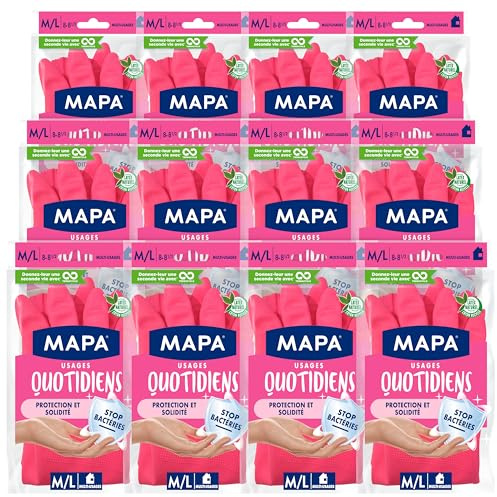 Mapa - Usages Quotidiens - 12 paires de Gants de Ménage en Latex intérieur Coton - Protection et Solidité - 12 paires - Taille M/L
