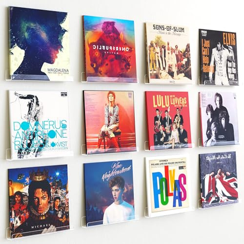 upsimples 12 Pack Vinyl Record Wall Mount Shelves, 12 Vinyl Holder for Album Record Storage & Display, Clear Acrylic Floating Shelves for Wall Decor, Kids Bookshelf, Magazine Rack, Picture Ledge
