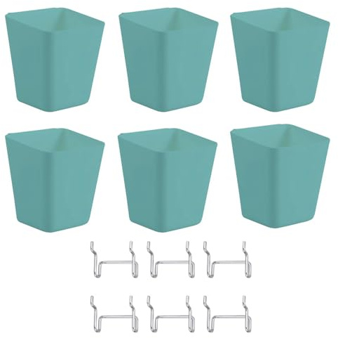 SagaSave Lot de 6 gobelets carrés en panneau perforé avec crochets, vert, polypropylène, 100 % polypropylène, boîte de rangement pour bureau, garage, cuisine, salle de bain, chambre, placard