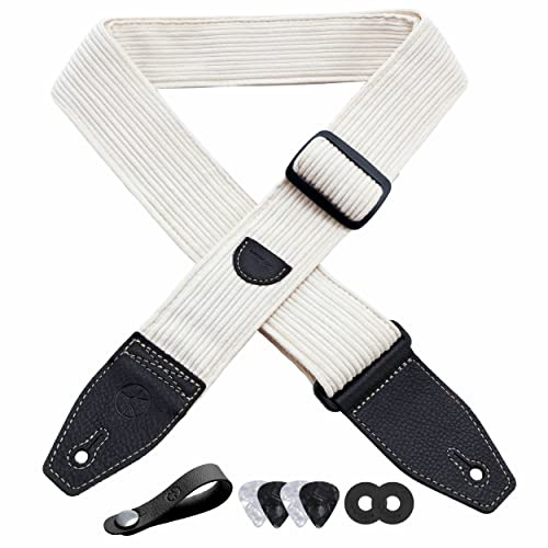 YIKOKO Gitarrengurt 5,1 cm Cord, Gitarrengurte mit Vollnarbenlederende, für Bass-, Elektro- und Akustikgitarren, kostenloser Gurtknopf, 2 Gurtschlösser und 4 Gitarrenplektren