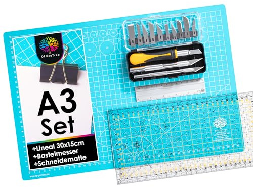 OfficeTree Schneidematte Set A3 45x30 + 16 tlg. Bastelmesser + Lineal 30x15 cm - Schneidematte A3 Selbstheilend - Schneideunterlage Basteln - Schneide und Bastelunterlage - Bastelmatte - Bastelbrett