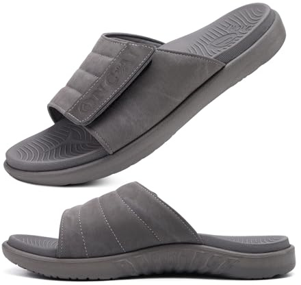 ONCAI Sandales pour Hommes Sangles Réglables Orthotique Bout Ouverts Sports Slides avec Souple Confortable Support de la Voûte Pantoufles Gris Taille 43