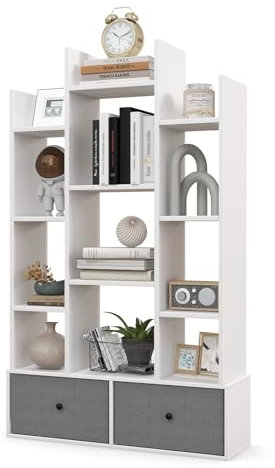 Bücherregal in Baumform, 7/12 Etagen, bodenstehend, Holz-Bücherregal mit faltbaren Schubladen, Aufbewahrungsregal, Bücherregal für Wohnzimmer, Arbeitszimmer, Büro (Weiß, 12 Würfel + 2 Schubladen)