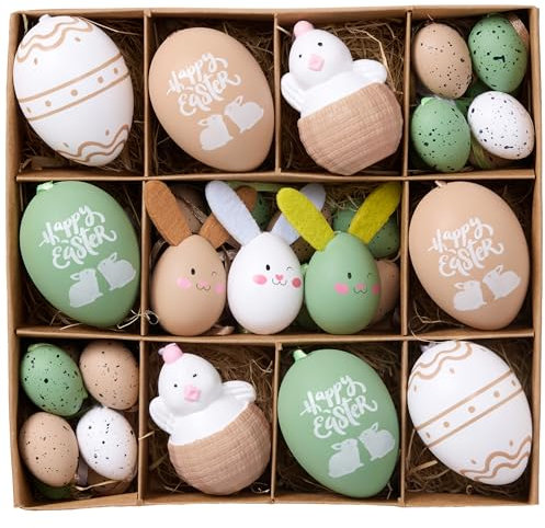 Victor's Workshop 35x Ostereier zum Aufhängen, farbige künstliche Ostereier mit schönen Mustern und Multi-Style für Osterdeko Osterstrauß Osterkörbchen Frühlingsdeko - Grün
