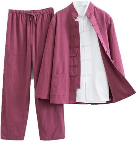 Chinesische Kampfkunst Kleidung,Tai Chi Kleidung, 3 - Tai Chi-Uniform aus Baumwollleinen, traditionelle chinesische Kleidung, Tang-Anzug, langärmelige Mantelhose, Zen-Meditationsuniform(Red,3XL)