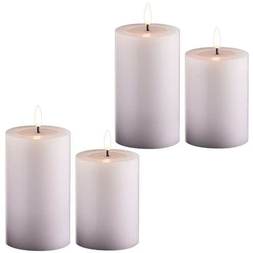 Novaliv 4er Set Led Kerzen flackernde Flamme mit Echtwachspiegel weiß 7,5cm ø 2X 12, 5cm, 2x10 cm Höhe, LED Kerzen mit Timerfunktion, 2 AA Batterien nötig, LED Echtwachs Stumpenkerzen warmweiß
