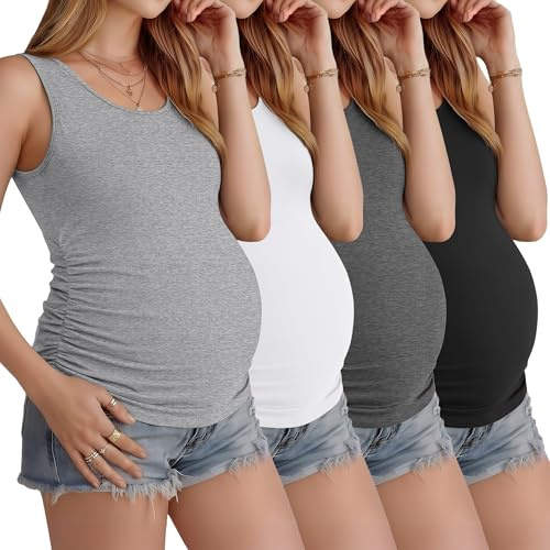 Ficerd Lot de 4 Débardeurs de Grossesse Femme sans Manches Fronces Côtés Col Rond Confort Été Casual Basiques
