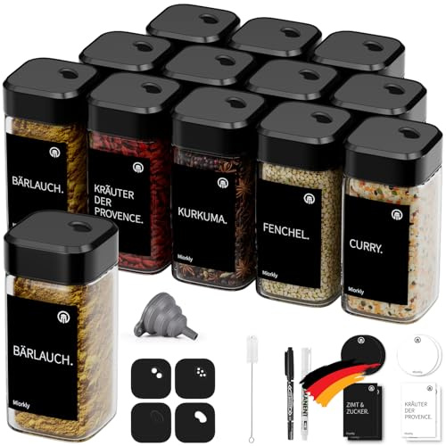 Miorkly 12 Gewürzgläser Eckig mit Drehdeckel,Gewürzstreuer Glas 120 ml - Gewürzdosen Set Starke Versiegelung - Gewürz Organizer - Gewürzbehälter mit Etikett-Gewürzglas Spice Jars(Schwarz)