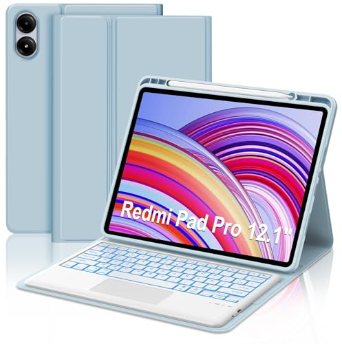 Coque Clavier pour Xiaomi Redmi Pad Pro 12.1 Pouces 2024 et Xiaomi Poco Pad | avec Pavé Tactile Multipoint et Rétroéclairage Keyboard, Housse Claviers AZERTY Français DéTachable Bluetooth, Bleu ciel