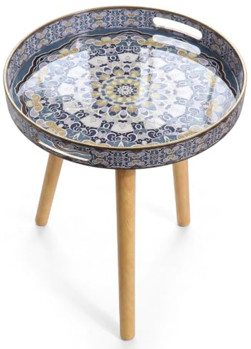 Heaven4you Round Side Table 38cm Mandala Boho Moroccan Wooden Legs Small