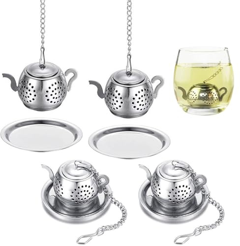 CATELL 4 Stück Teesieb für Losen Tee, Teeei für Losen Tee Tee Ei Teesieb Edelstahl Teekanne Form Silber Tee Sieb Feinmaschig Teeei mit Kette und Teeauflage für Meisten Teetasse Teekanne Küche Kochen