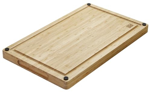 ORGA-BOX XXL Schneidebrett massiv geölt aus 100% Bambus antibakteriell | mit Griffmulde u. Saftrille 50x30x3,2 cm rutschfest inkl. Silikonfüßen zum Schneiden oder Anrichten von Lebensmitteln