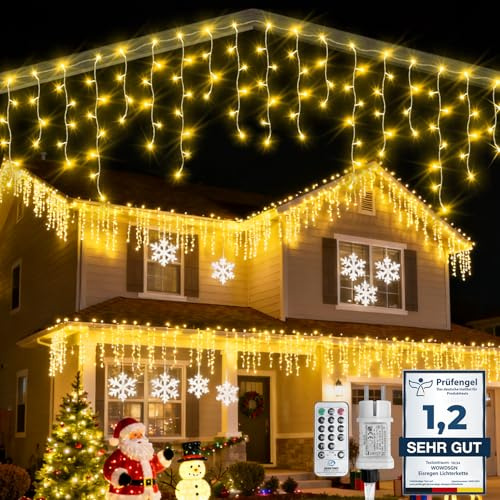 WOWDSGN LED Eisregen Lichterkette Außen, 12M 360LED Lichterkette Außen Weihnachten mit Timer,8 Modi IP44 Wasserdicht, Lichtervorhang Aussen für Weihnachtsdeko Aussen Innen Balkon Party Traufe Warmweiß