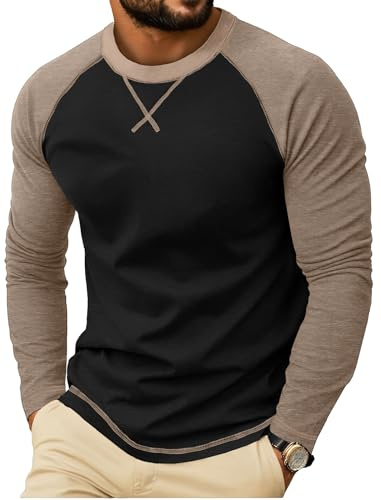 QIXING Mens Cotton Shirt Long Sleeve Casual Crew Neck Soft Crew Neck Raglan Sleeve T-Shirts(Black, L)