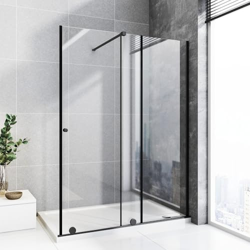 Walk in Duschabtrennung 140x185 cm Schiebetüren Dusche Duschtrennwand aus 6mm ESG-Sicherheitsglas Schwarz Begehbare Duschwand Schiebetür Breite Verstellbar von 90-140cm