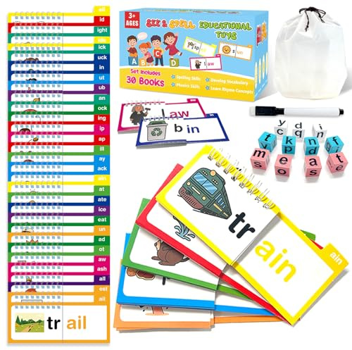30 Word Family Flip Books, 3-in-1 Read and Rhyme Flip Activity Book Set, ABC Vocabulary Flash Cards, Sight Words Flashcards, Learn to Read Phonics Cards for Kindergarten, Homeschool Supplies