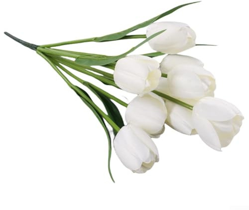 Bouquet di 9 tulipani artificiali con foglie di plastica per decorazioni da sposa, decorazioni per matrimoni, composizioni floreali per la casa, decorazioni per feste e acconciature per eventi (bianco